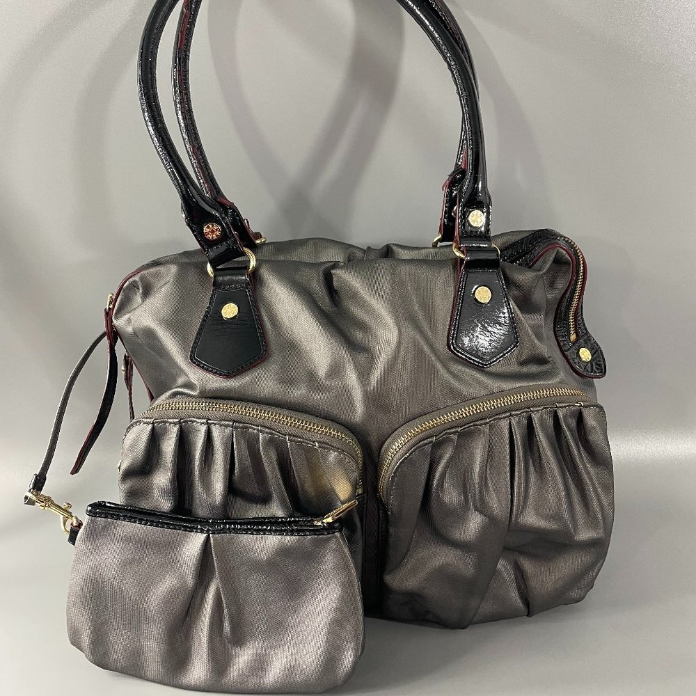 MZ Wallace Metallic Gunmetal Gray Shoulder Bag with Black Patent Trim
